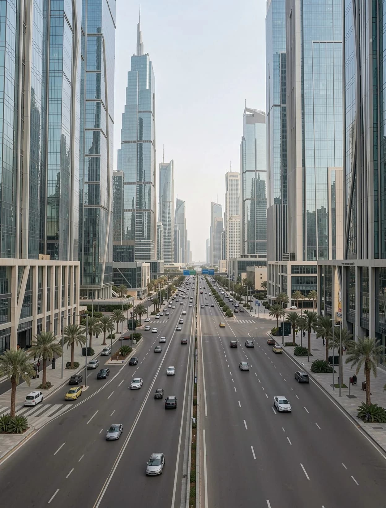 Aerial view of Sheikh Zayed Road with Burj Khalifa and the Downtown Dubai skyline