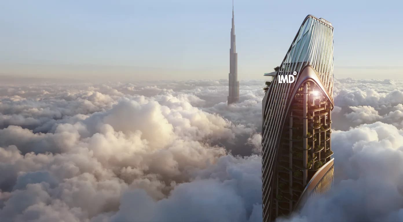 Christian A. Rockefeller Business Tower above the clouds beside Burj Khalifa