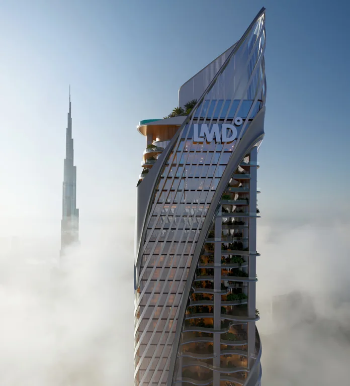 Christian A. Rockefeller Business Tower crown above the clouds with Burj Khalifa in the distance