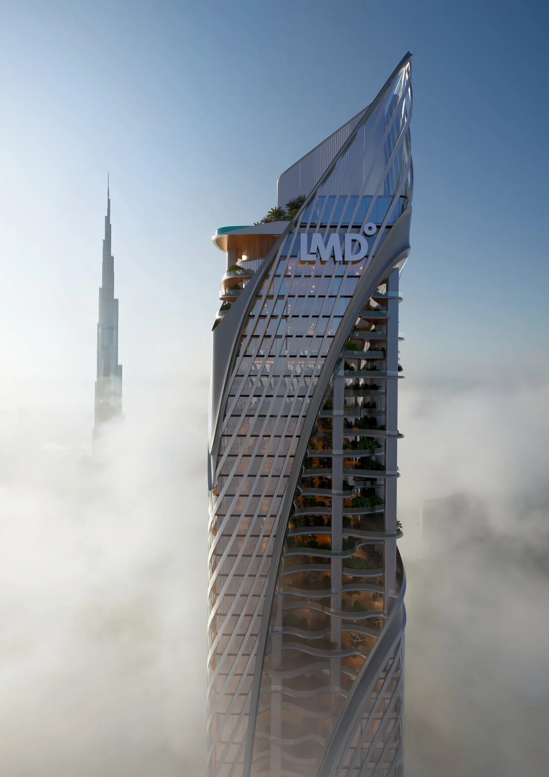 Christian A. Rockefeller Business Tower rising through the clouds beside Burj Khalifa on Sheikh Zayed Road, Dubai